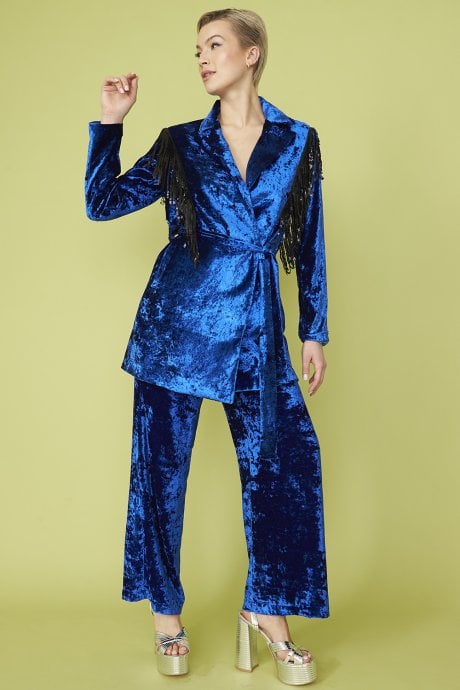 Blue Crushed Velvet Blazer dress with Sequin Tassels