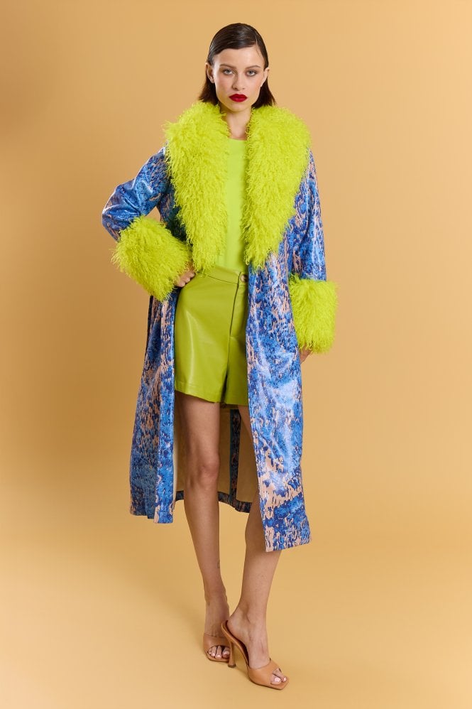 Blue Faux Suede Mongolian Fur Trench Coat