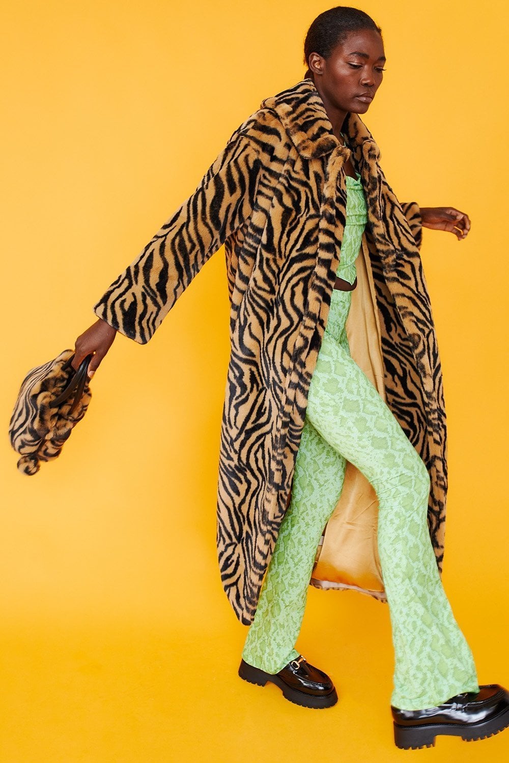 Tiger Print Faux Fur Maxi Coat