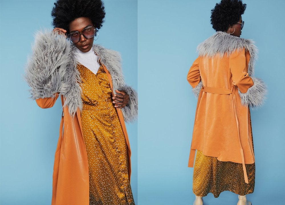Brown and grey Mongolian Fur and Faux Suede Coat