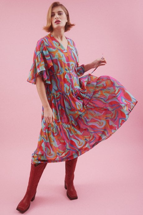 Abstract Pink Midi Dress with Flutter Sleeves