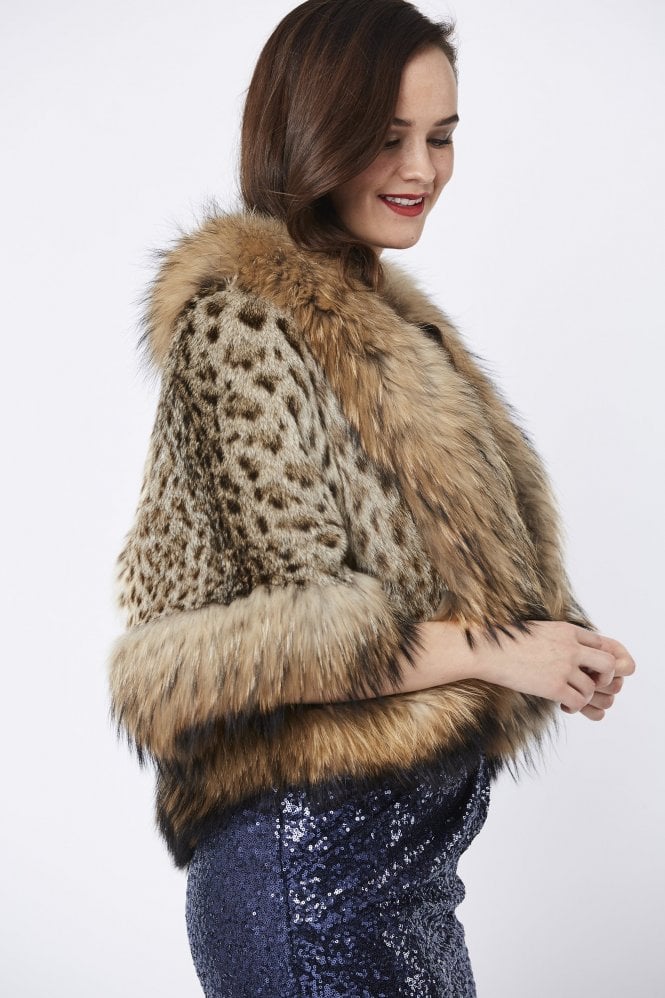 JAYLEY Animal Print Isabella Fine Leopard & Fox Fur Cape Coat