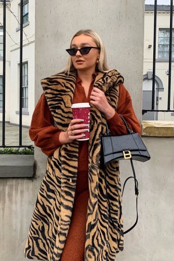 Animal Print Shania Faux Fur Long Length Hooded Gilet | Waistcoat