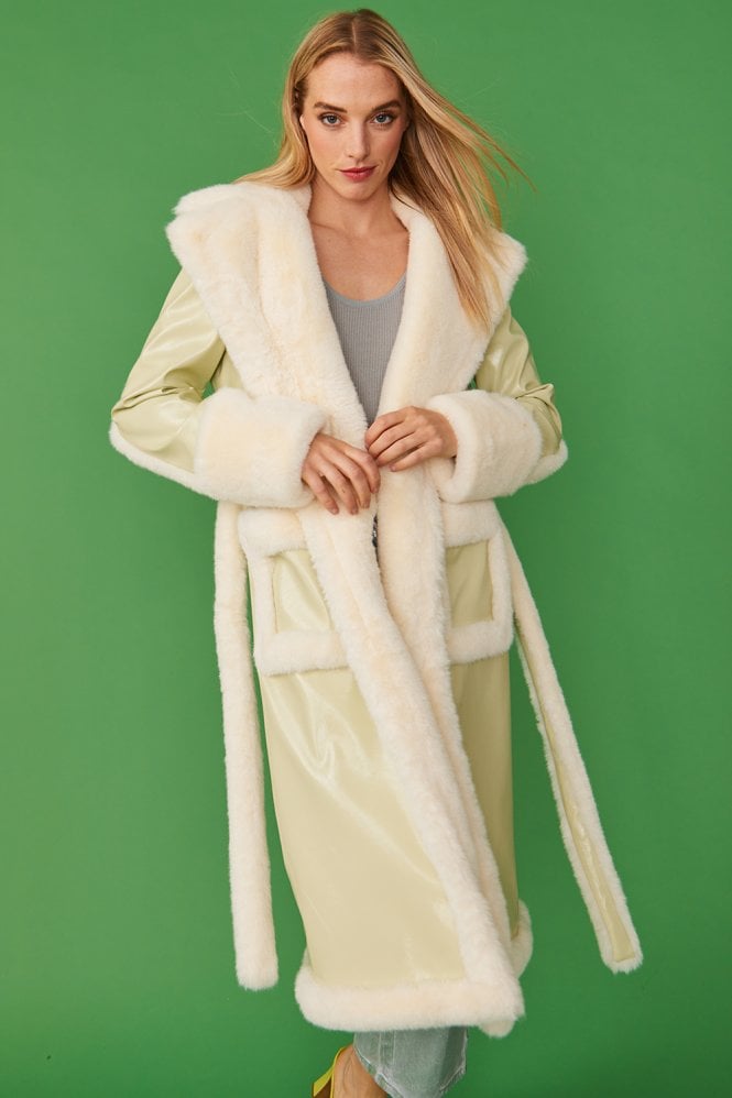 JAYLEY Apple Green Faux Fur and Faux Suede Trench Coat