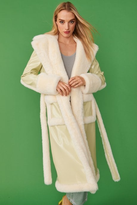 Apple Green Faux Fur and Faux Suede Trench Coat