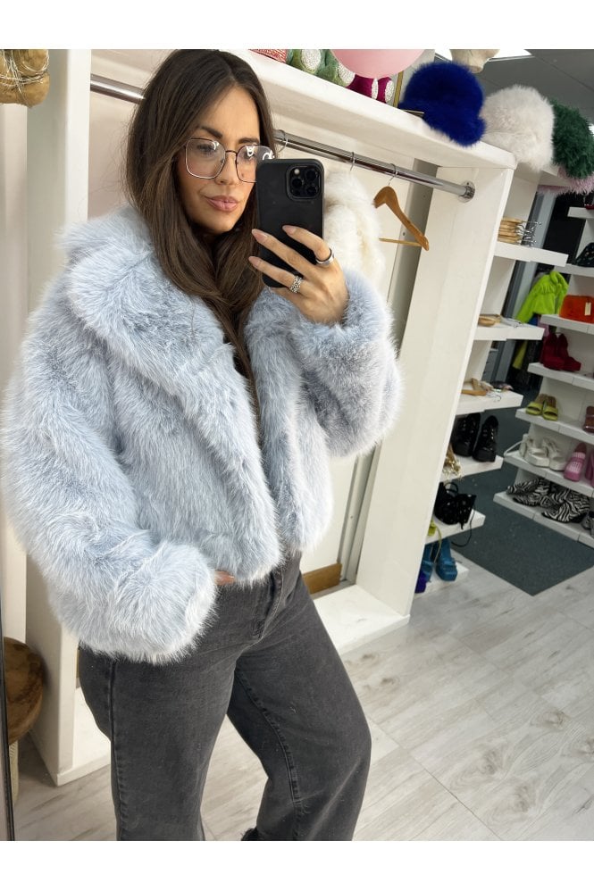 JAYLEY Baby Blue Bamboo Blend Faux Fur Cropped Natalie Jacket