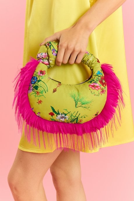 Bamboo Faux Fur Trim Floral Bag