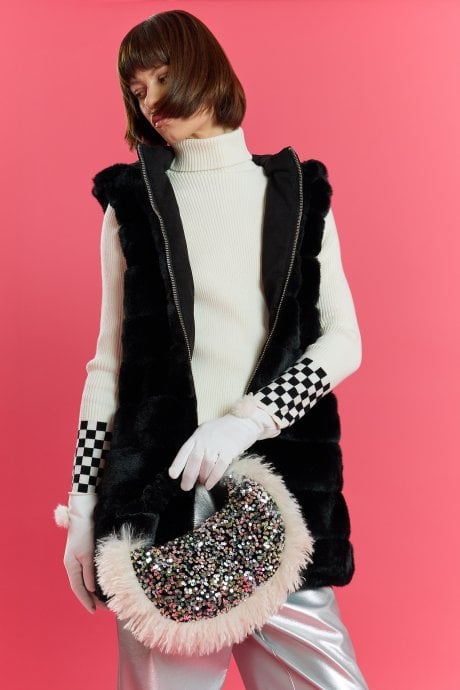 Black and White Bamboo Faux Fur Trim Sequin Tote Bag