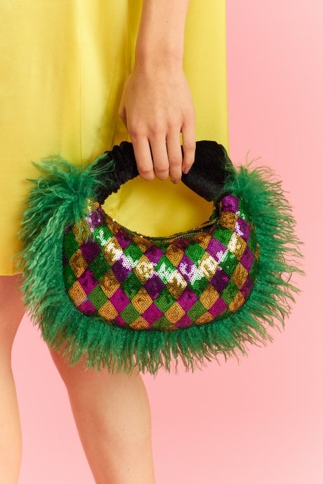 Green Bamboo Faux Fur Trim Sequin Tote Bag