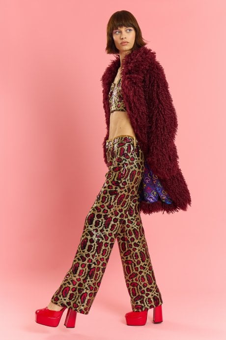 Deep Red Bamboo Knitted Faux Shearling Midi Coat