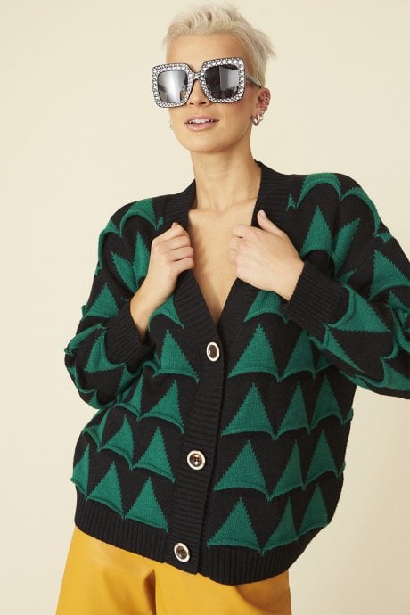 Banana Peel Geometric Cardigan with Green Faux Fur Collar