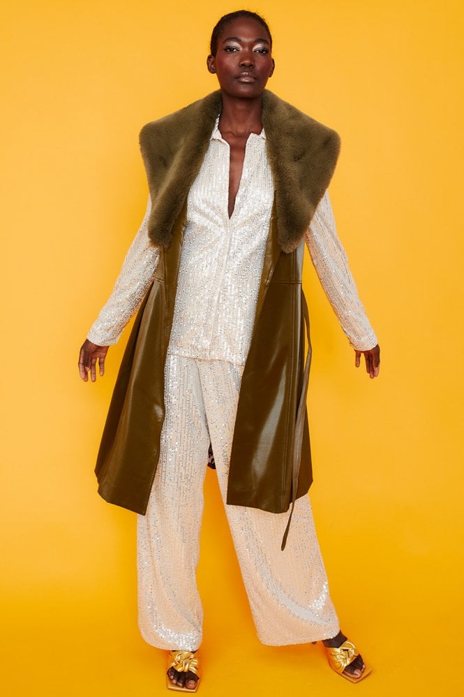 JAYLEY Banana Peel Midi Vest Faux Fur Collar