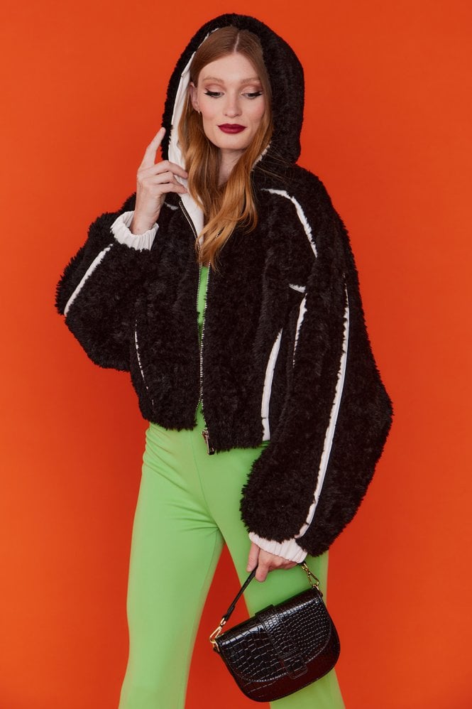JAYLEY Black and White Faux Fur and Eco Leather Reversible Hooded Bomber Jacket