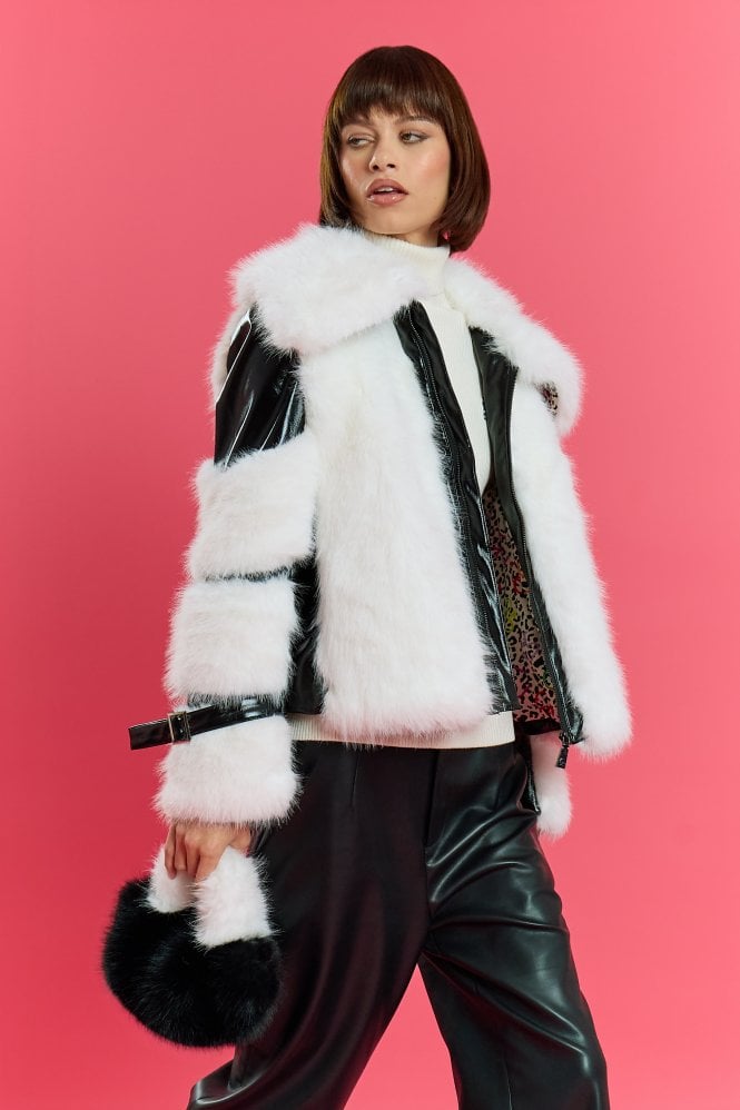JAYLEY Black and White Handmade Bamboo Faux Fur Coat