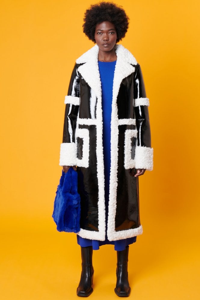 JAYLEY Black and White Midi Aviator Jacket in Faux Leather and Faux Fur
