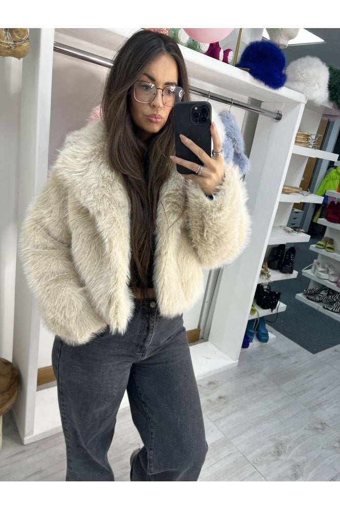 JAYLEY Beige Mocha Bamboo Blend Faux Fur Cropped Natalie Jacket