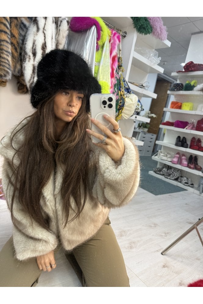 JAYLEY Black Bamboo Blend Faux Fur Hat 