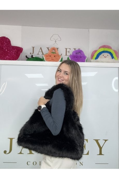 Black Bamboo Blend Faux Fur Large Tote Bag 