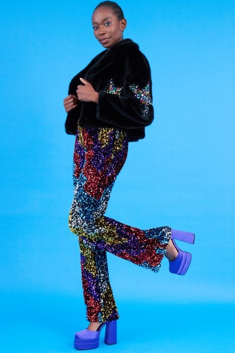 Black Bamboo Faux Fur Sequins Star Jacket