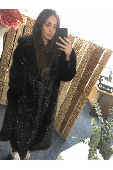 Black Bamboo Metallic Faux Fur Maxi Coat