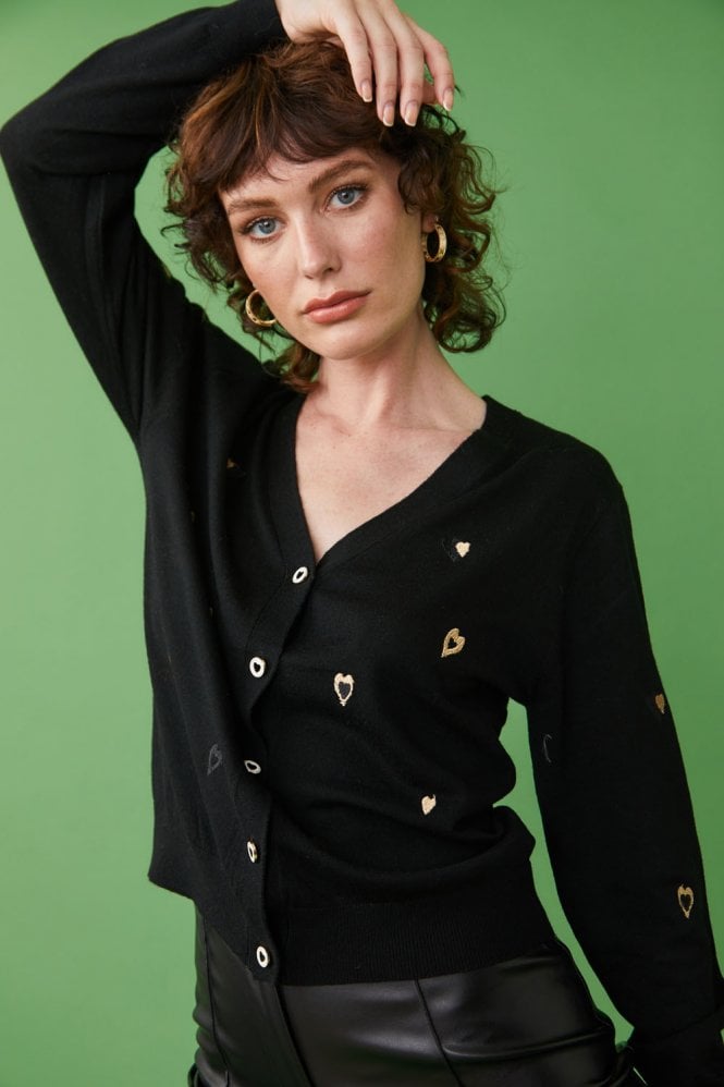 JAYLEY Black Cashmere Blend Cardigan with Embroidered Heart Design