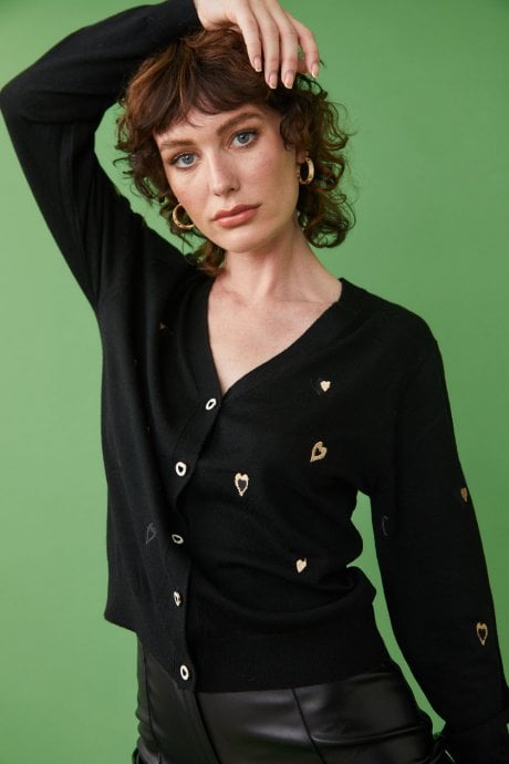 Black Cashmere Blend Cardigan with Embroidered Heart Design