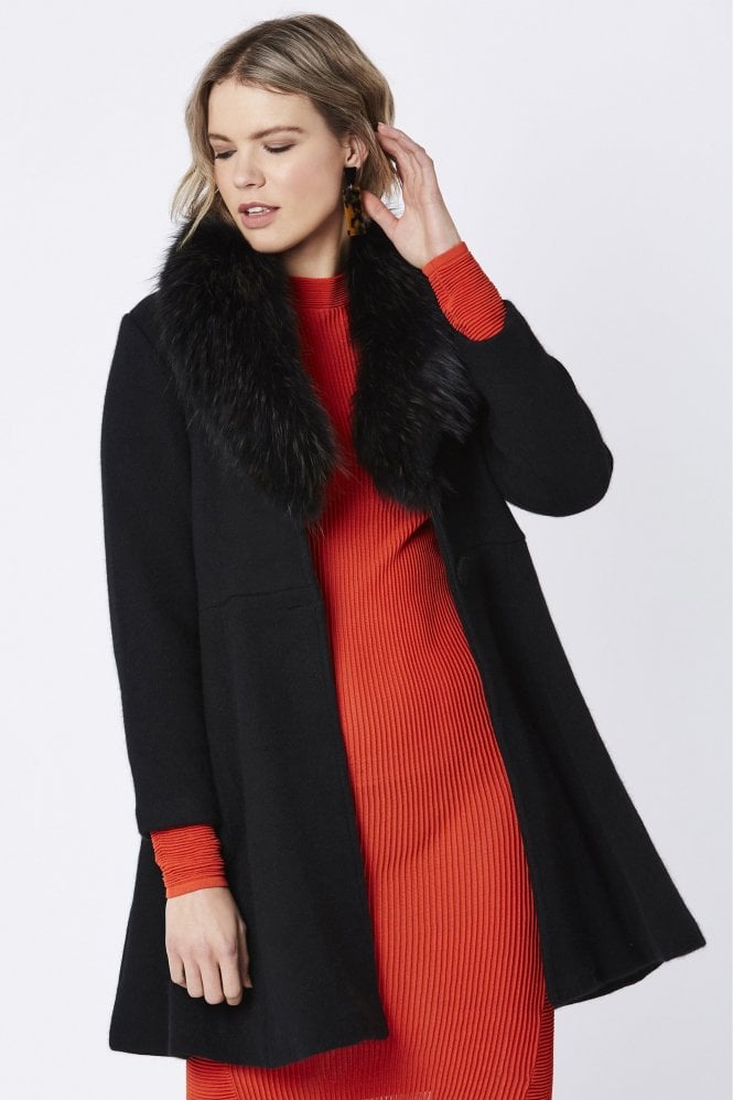 JAYLEY Black Cashmere Coat with Fox Fur Collar