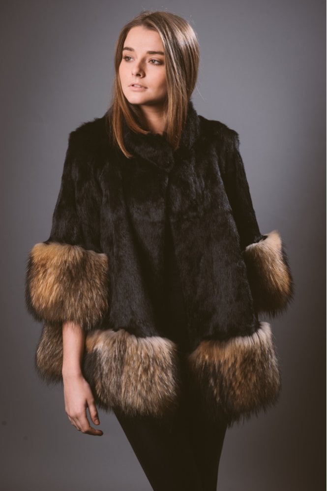 JAYLEY Black Cashmere Hooded and Fox Fur Cape Coat