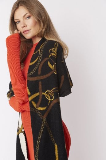 Black Cashmere & Silk Blend Wrap With Chain Print Design