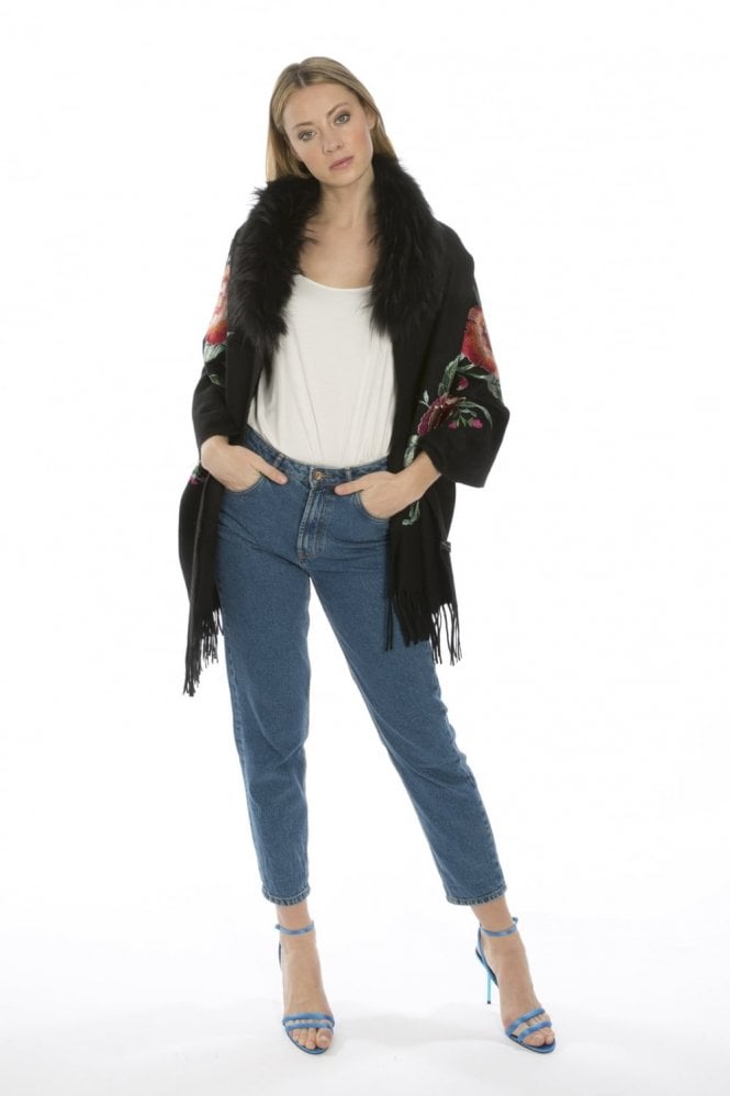 JAYLEY Black Cashmere Wrap with Fur Collar