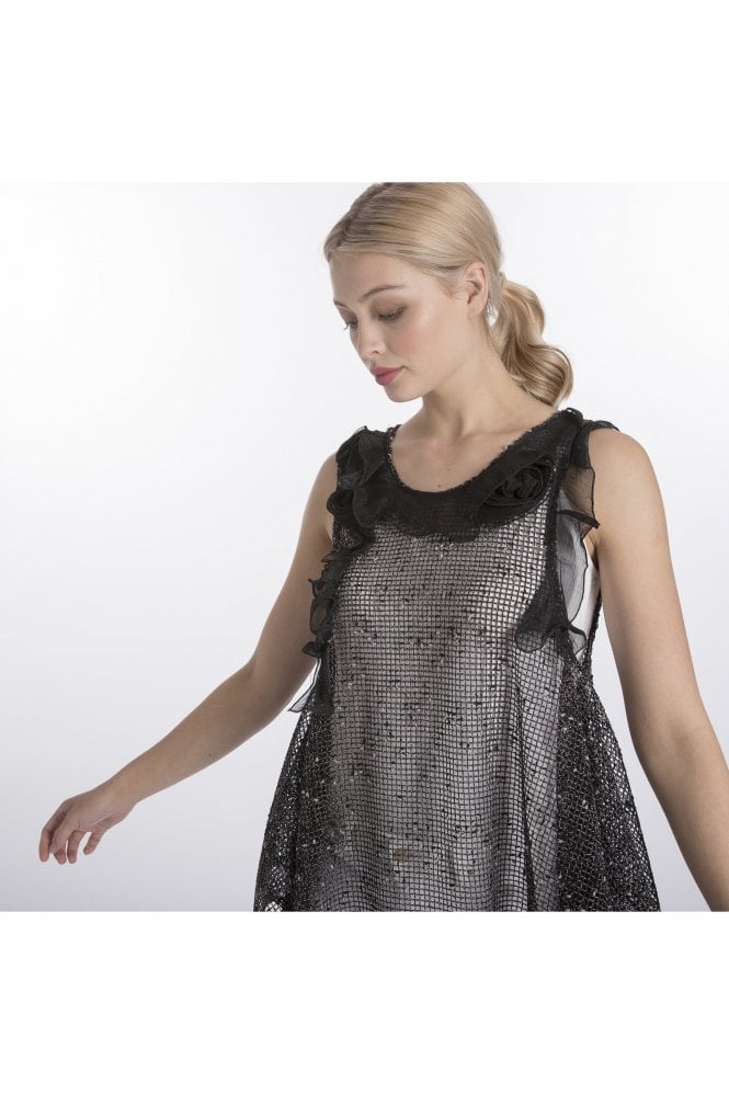 JAYLEY Black Crochet Tunic with Chiffon Roses