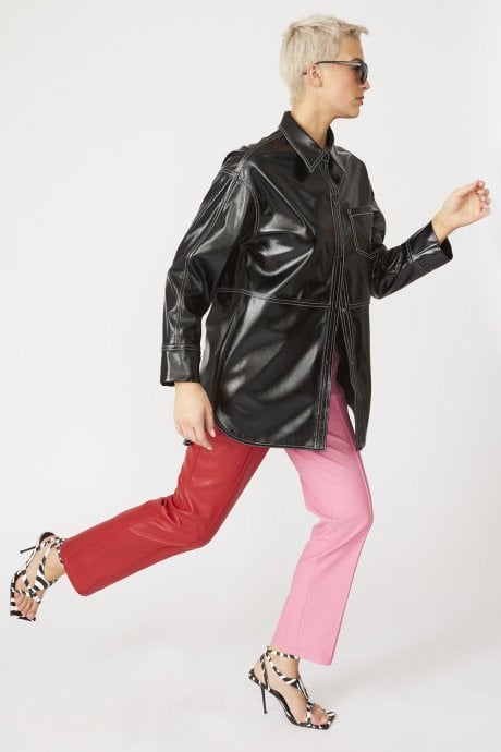 Metallic Luxury Eco Leather Shacket Jacket in Black