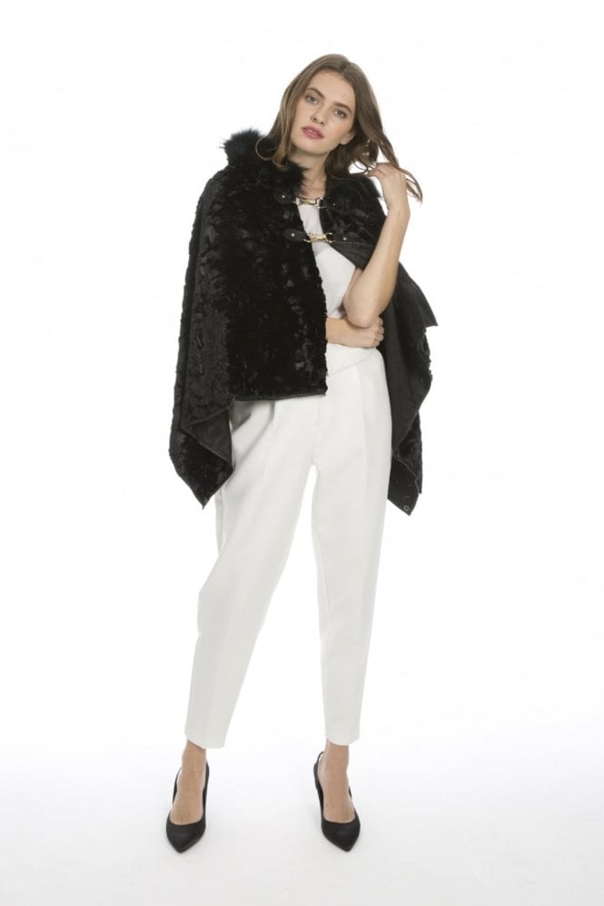 JAYLEY Black Faux Fur Cape with Fox Fur Trim Hood