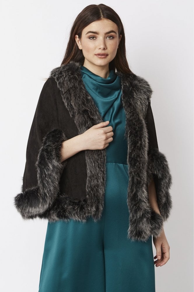 JAYLEY Black Faux Fur Faux Suede Cape Jacket