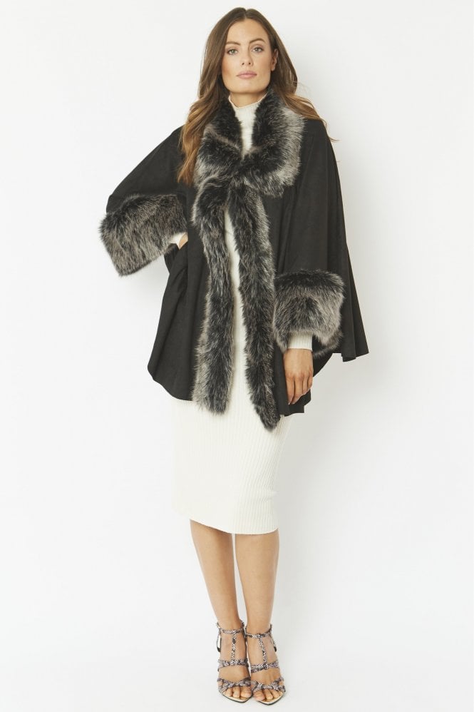 JAYLEY Black Faux Fur Faux Suede Cape