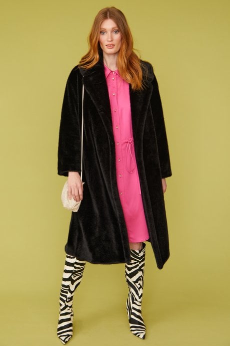 Black Faux Fur Midi Coat