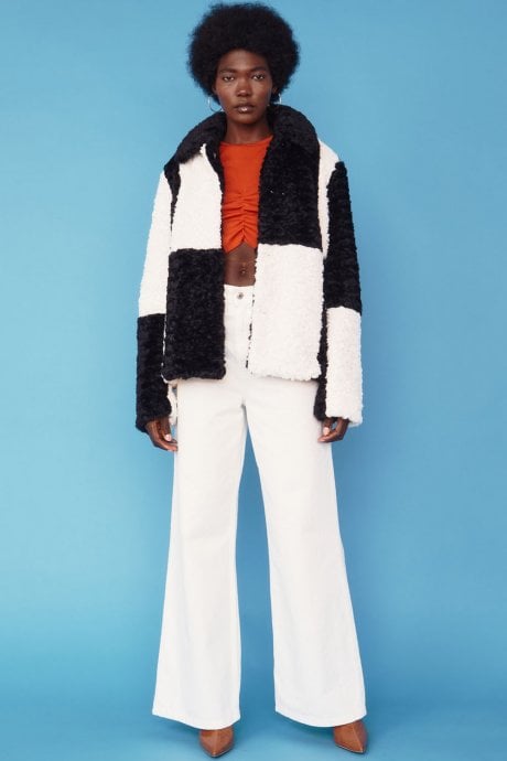 Black Faux Shearling Checkered Oversized Coat