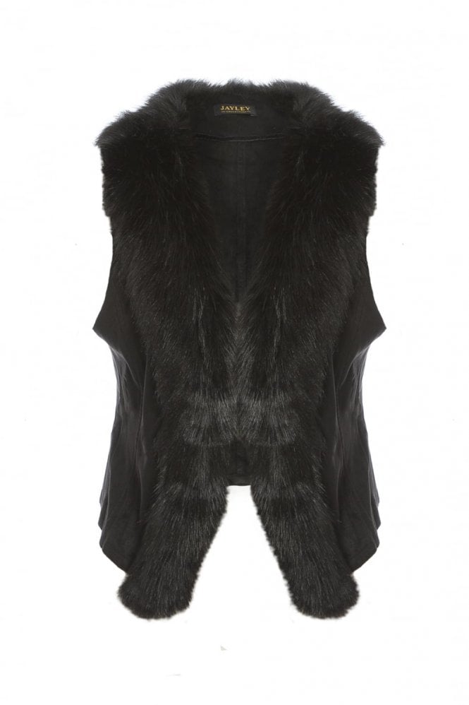 JAYLEY Black Faux Suede Gilet with Faux Fur Collar