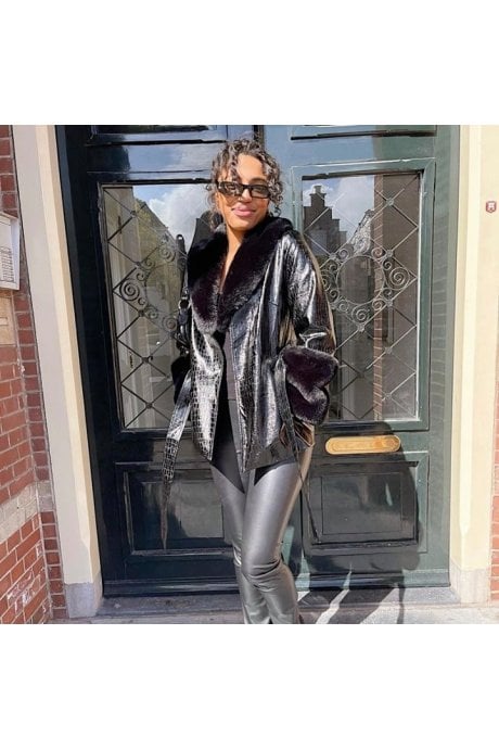 Black Faux Suede With Detachable Faux Fur Collar and Cuffs