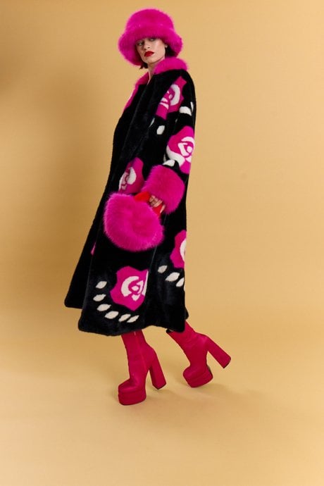 Black Hand Crafted Roses Bamboo Eco Faux Fur Love Maxi Coat