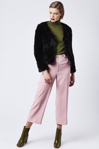 Black Hand Knitted V-Neck Faux Fur Coat