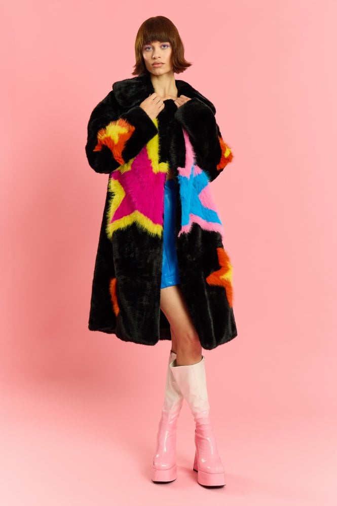 JAYLEY Black Hand Made Bamboo Lyocell Multi Faux Fur Star Coat