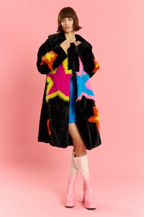 Black Hand Made Bamboo Lyocell Multi Faux Fur Star Coat
