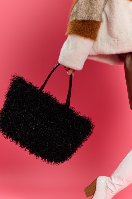 Black Handmade Bamboo Faux Shearling Large Bag