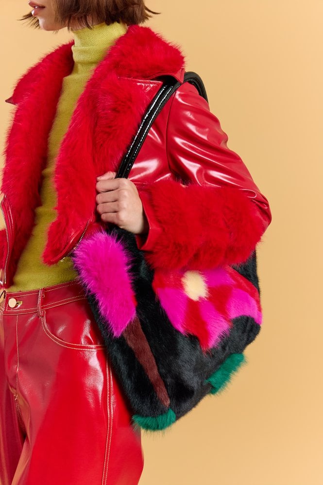 JAYLEY Black Handmade Bamboo Floral Faux Fur Bag