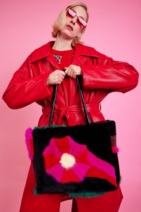 Black Handmade Bamboo Floral Faux Fur Bag