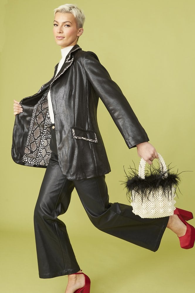 JAYLEY Black Handmade Pearl Tote Bag with Feather Trim