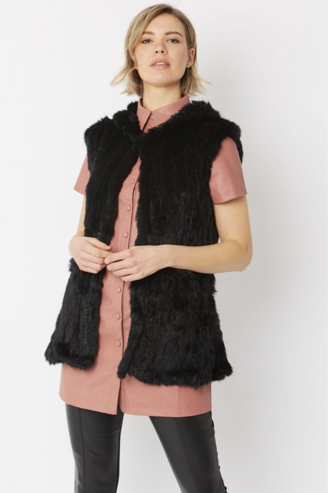 JAYLEY Black Hooded Long Coney Fur Gilet