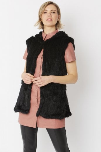 Black Hooded Long Coney Fur Gilet