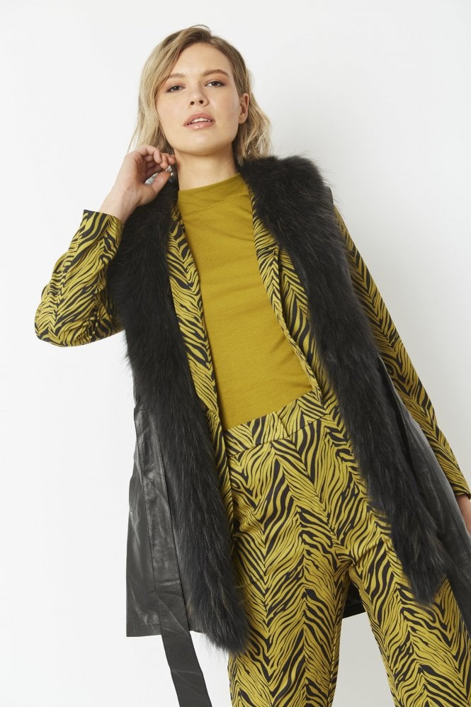 JAYLEY Black Leather Gilet with Detachable Fox Fur Collar